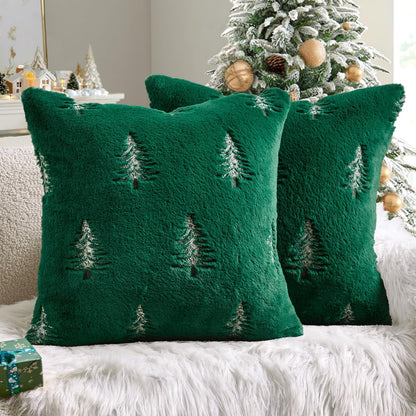 Christmas Decorative Pillow Covers Set of 2 Faux Fur Throw Pillows with Embroidered Christmas Tree 18X18 Inch Green White Winter Couch Covers for Festival Sofa Bedroom Living Room Home Decor