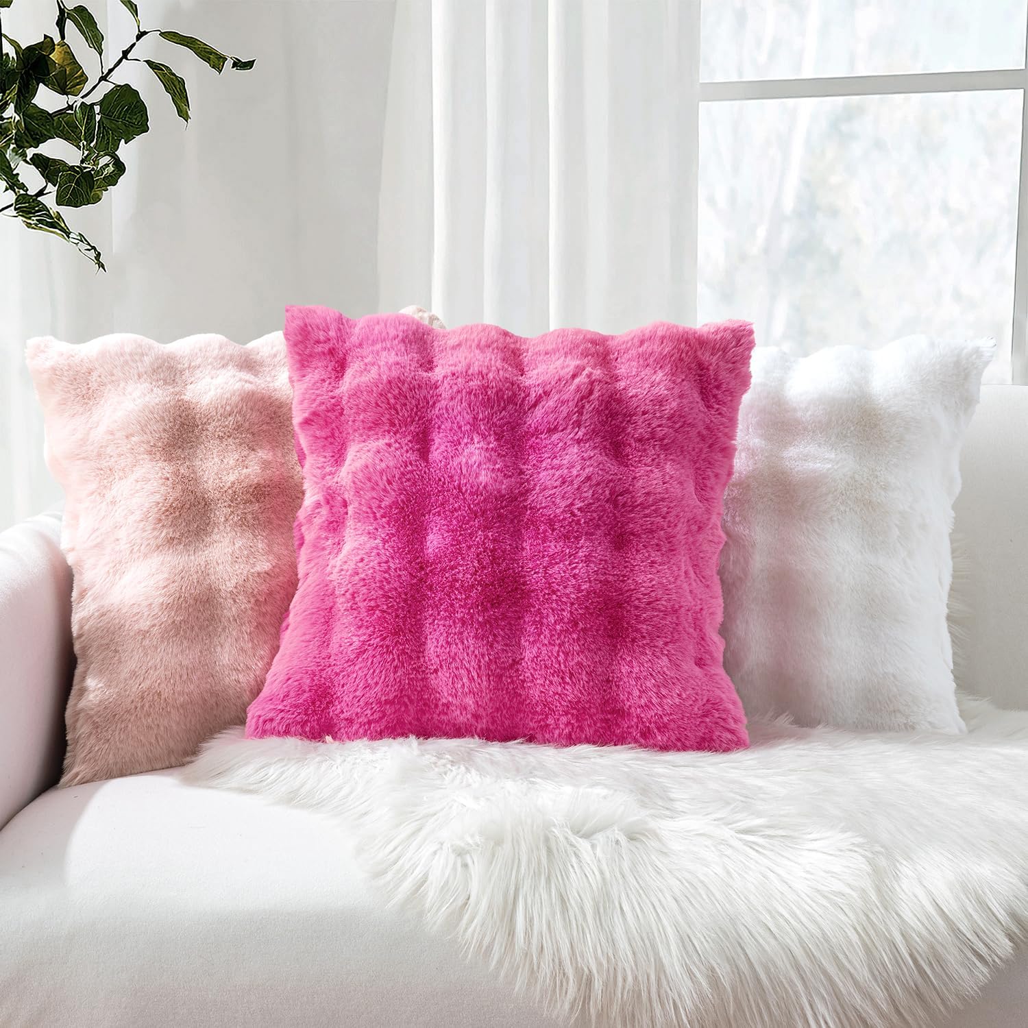 Pack of 2 Decorative Pillow Covers Thick Soft Plush Faux Fur Throw Pillows Luxury Home Decor for Couch Bedroom Living Room Sofa,20X20 Inch Hot Pink