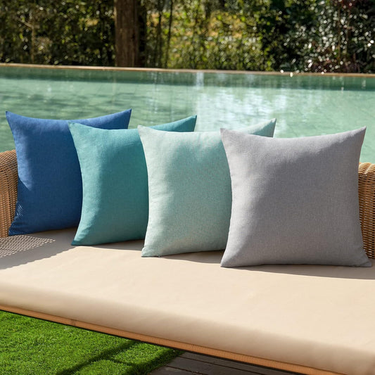 Pack of 4 Decorative Outdoor Throw Pillow Covers Linen Waterproof Pillow Covers Farmhouse Cushion Cases for Patio Garden Tent Balcony Couch Sofa 18X18 Inch Blue