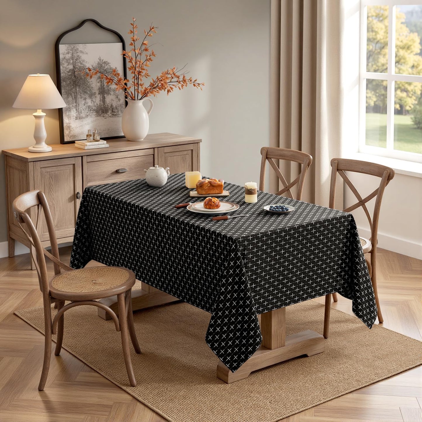 Black Linen Table Cloth Rectangle Tablecloth Waterproof Spillproof Cross-Star Textured Table Cloth, Decorative Rustic Farmhouse Style for Dining/Party/Buffet/Wedding,52X70 Inch