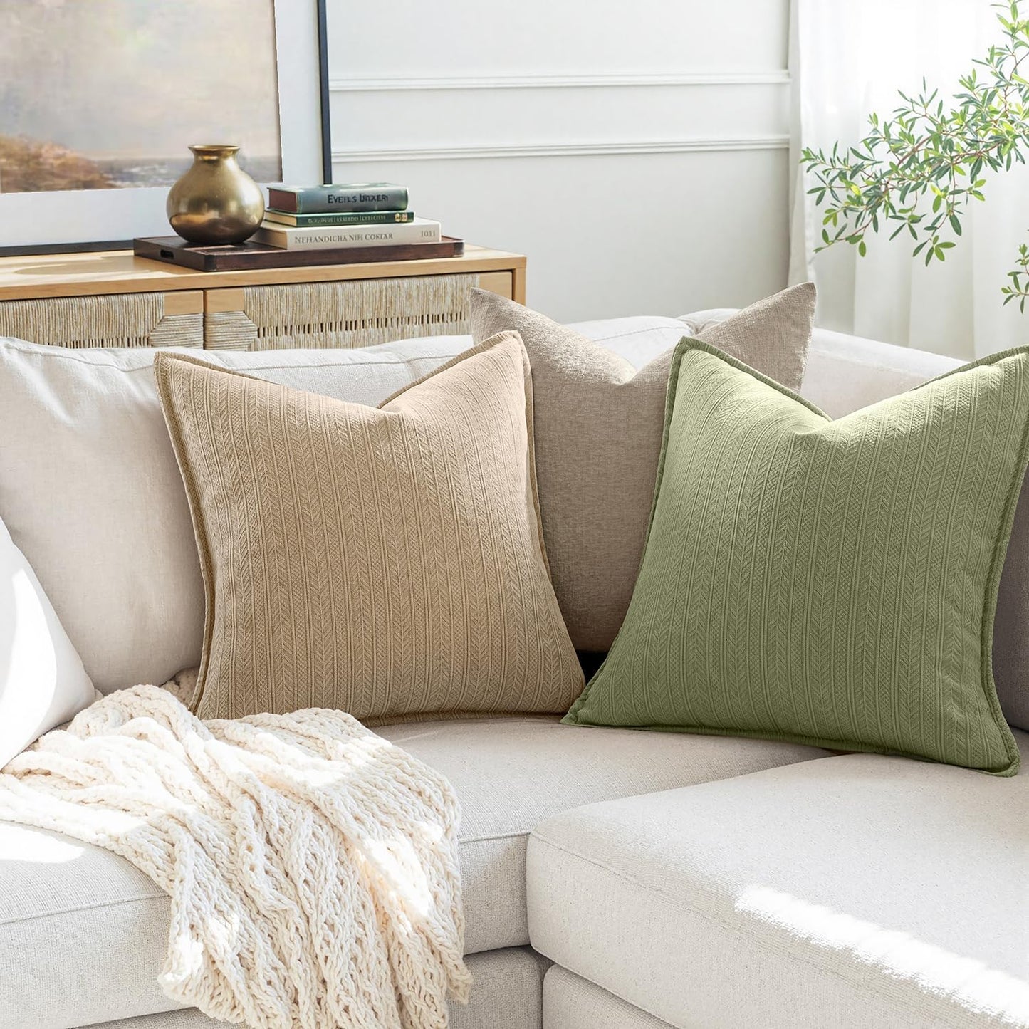 20X20 Inch Oatmeal Decorative Couch Pillow Covers Set of 2 Chenille Throw Pillow Covers Farmhouse Cushion Cases with Elegant Design for Home Decor Sofa Bedroom Living Room