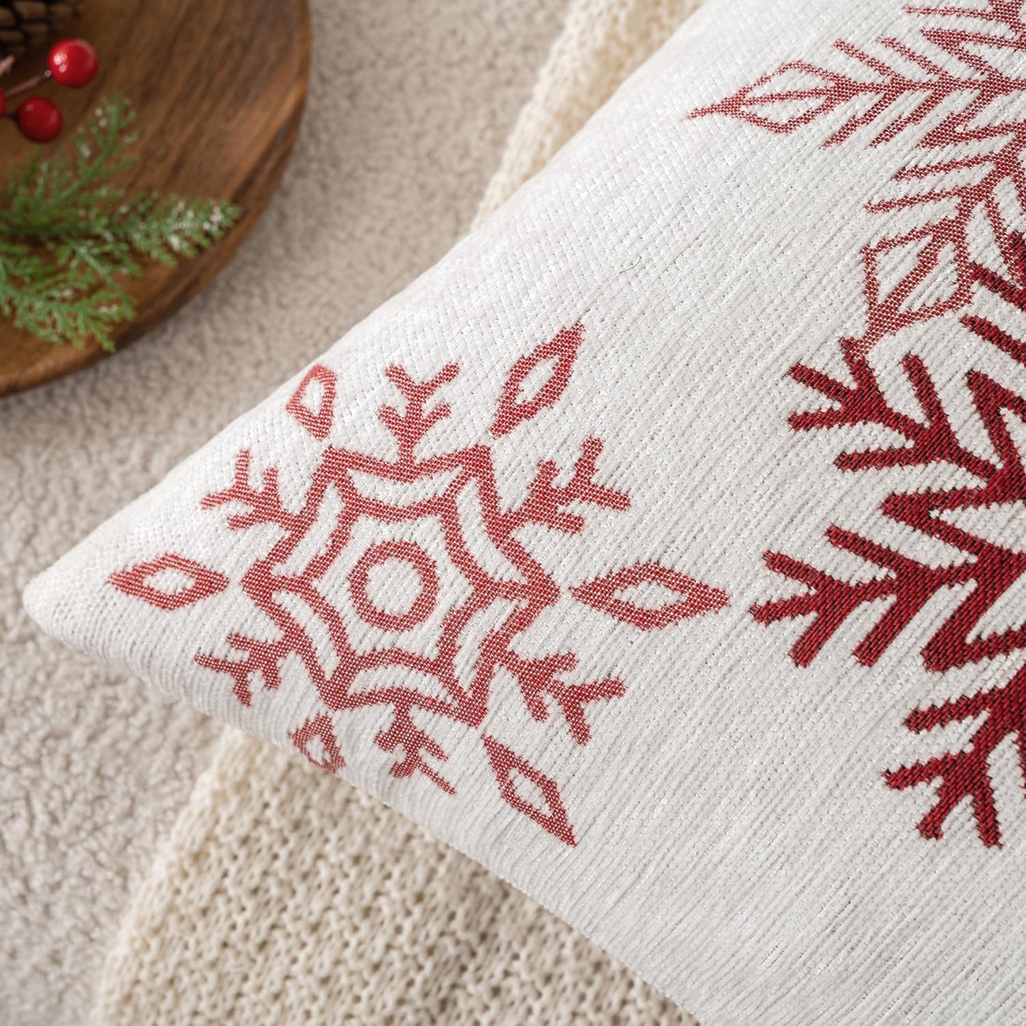 Christmas 2 Pack White and Red Chenille Throw Pillow Covers Soft Pillow Cases with Snowflake Embroidery Morden for Holiday Decoration Sofa Couch Bedroom Home Decor,18X18 Inch