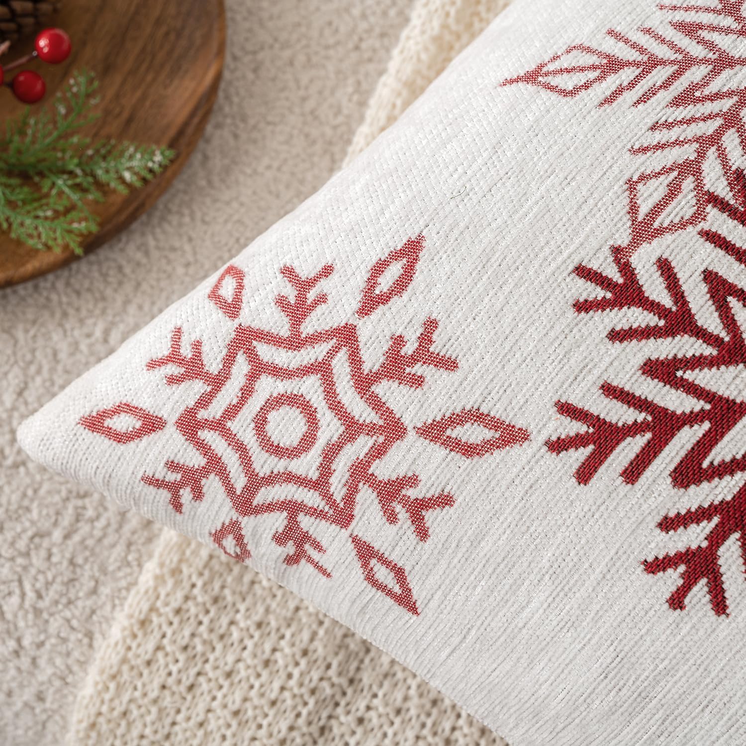 Christmas 2 Pack White and Red Chenille Throw Pillow Covers Soft Pillow Cases with Snowflake Embroidery Morden for Holiday Decoration Sofa Couch Bedroom Home Decor,18X18 Inch