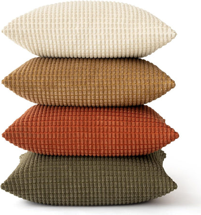 Modern Farmhouse Decorative Pillow Covers 18X18 Inch Set of 4 Natural Rustic Throw Pillows Neutral Warm Soft Corduroy Couch Pillowcases Home Decor for Sofa Living Room Bed Brown Green