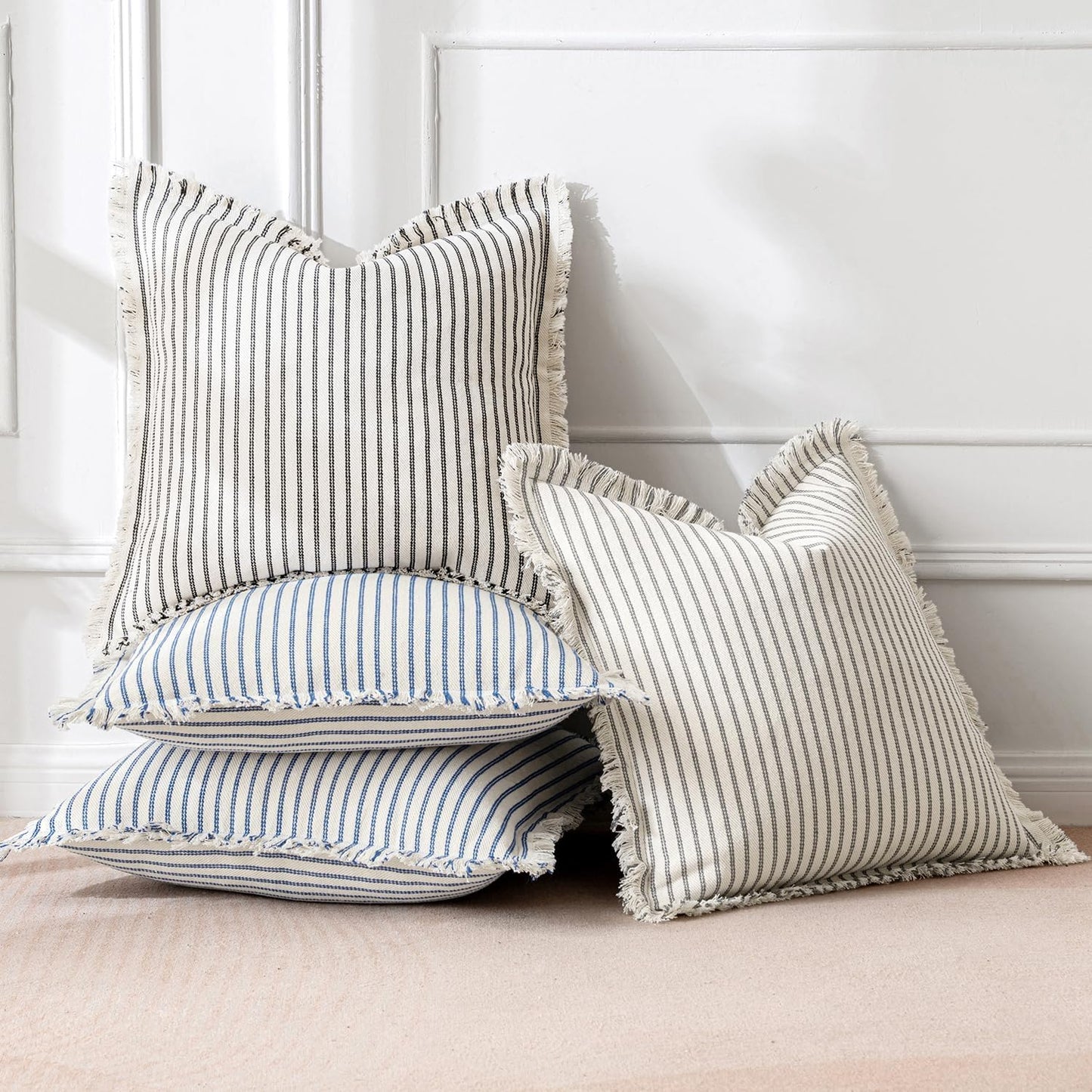 Pack of 2 Gray Pillow Covers 20X20 Inch Striped Farmhouse Couch Throw Pillow Covers with Fringe Chic Linen Decorative Cushion Covers for Sofa Living Room Bed Outdoor Home Decor