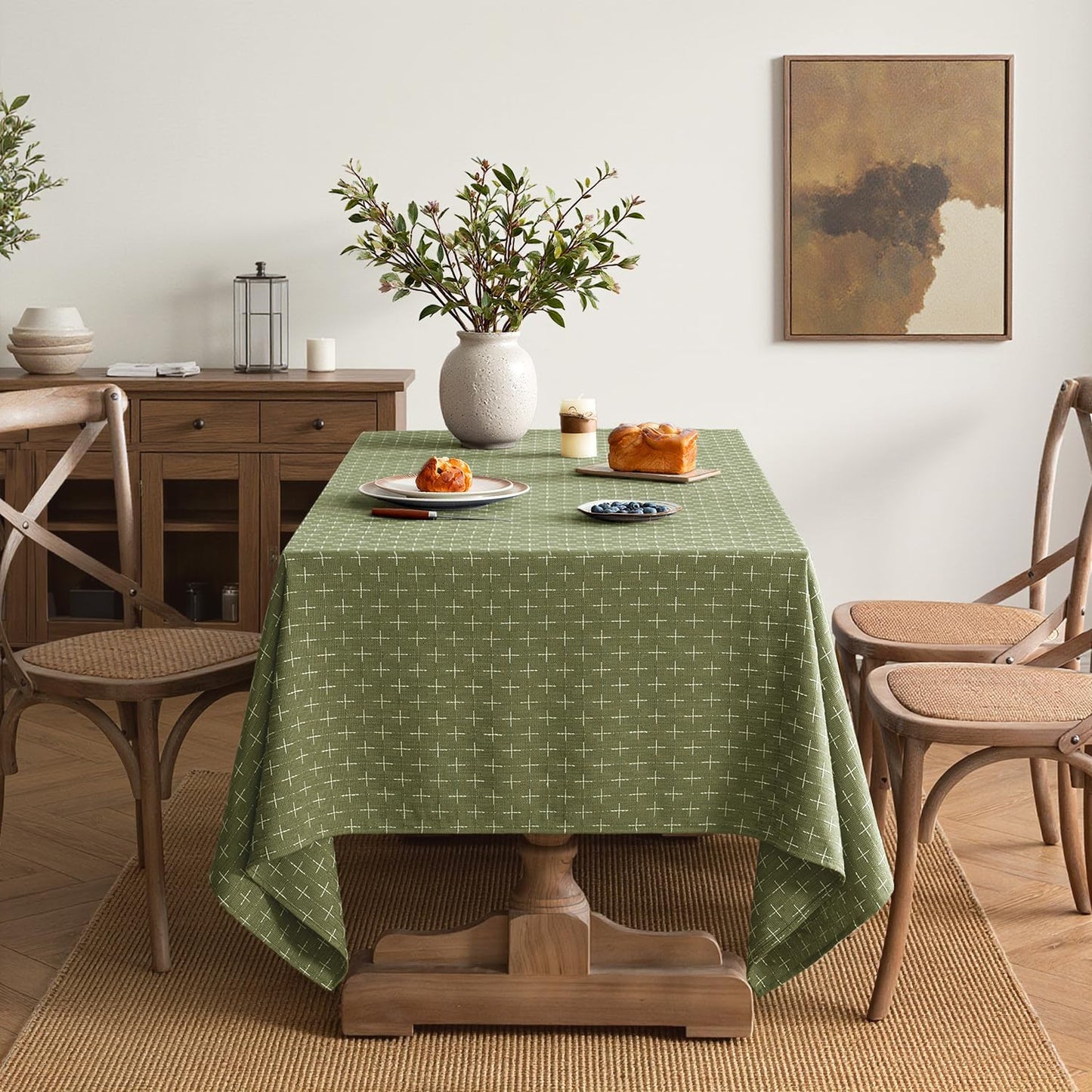 Sage Green Linen Table Cloth Rectangle Tablecloth Waterproof Spillproof Cross-Star Textured Table Cloth, Decorative Rustic Farmhouse Style for Dining/Party/Buffet/Wedding,52X70 Inch