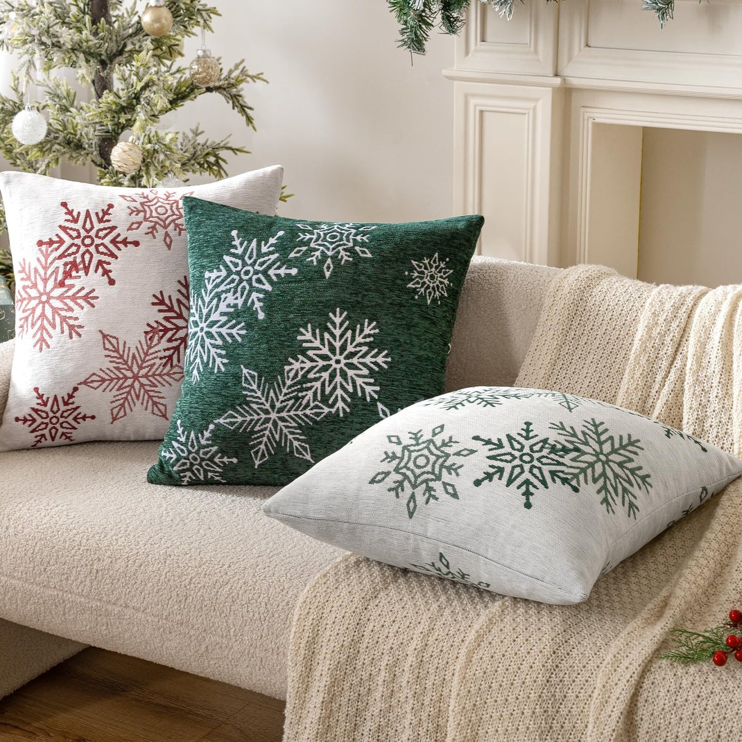 Christmas 2 Pack Dark Green Chenille Throw Pillow Covers Soft Pillow Cases with Snowflake Embroidery Morden for Holiday Decoration Sofa Couch Bedroom Home Decor,18X18 Inch