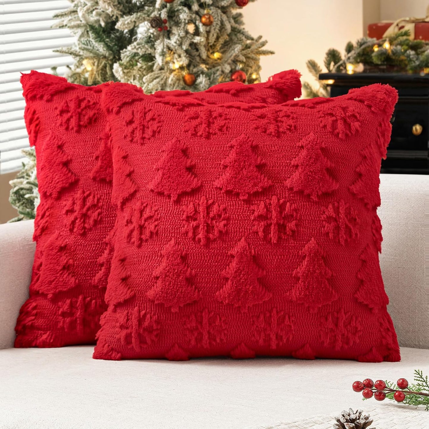 Christmas Throw Pillow Covers 18X18 Set of 2 Christmas Decorations Red Soft Plush Faux Fur Wool Xmas Tree Snowflakes Pillowcases Holiday Festivals Winter Home Decor Sofa Couch Bed Porch