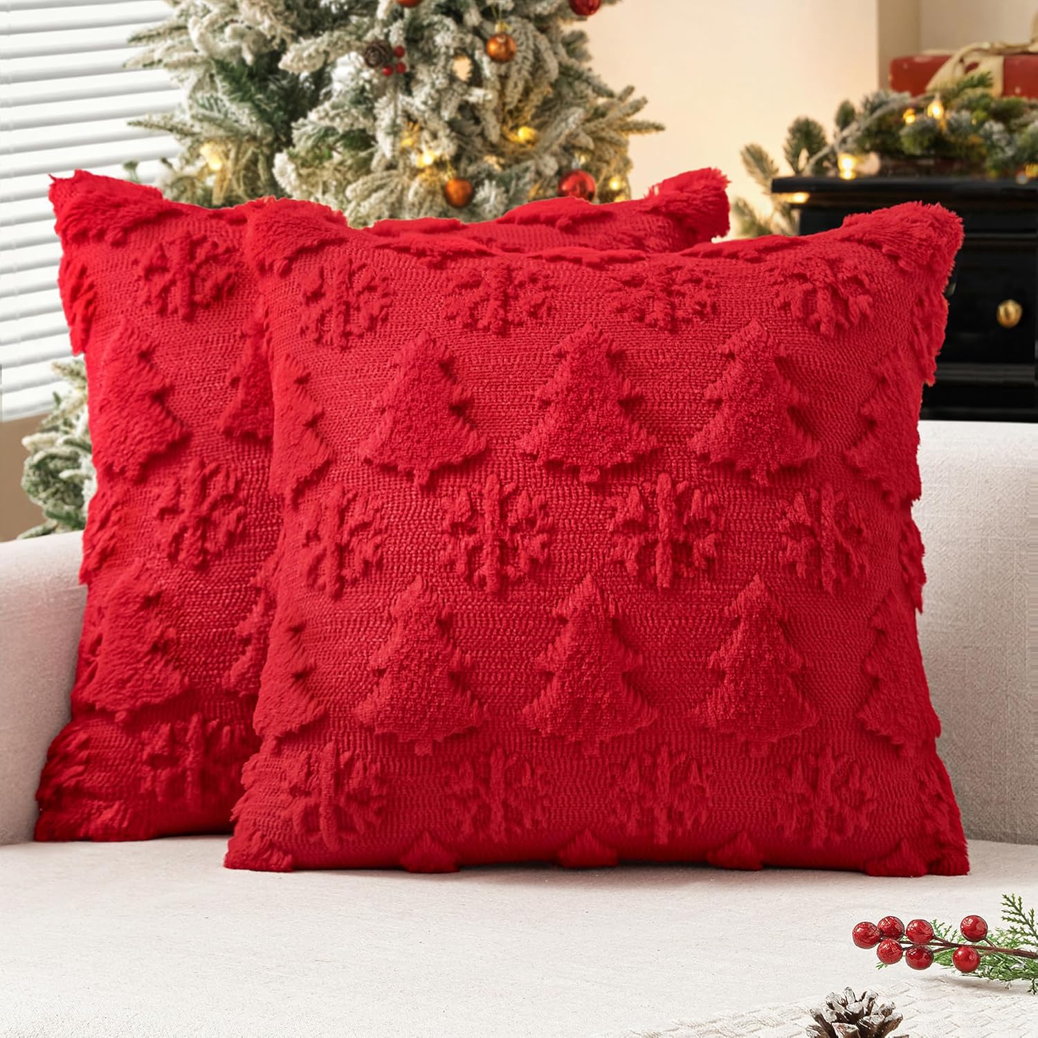 Christmas Throw Pillow Covers 18X18 Set of 2 Christmas Decorations Red Soft Plush Faux Fur Wool Xmas Tree Snowflakes Pillowcases Holiday Festivals Winter Home Decor Sofa Couch Bed Porch
