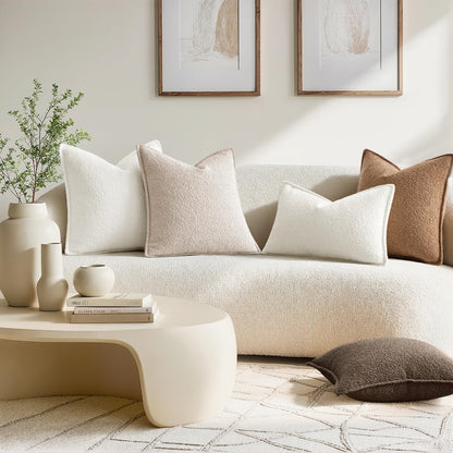 Pack of 2 Decorative Textured Boucle Throw Pillow Covers 18X18 Inch Natural Beige Broadside Thick Boho Pillows for Farmhouse Accents Sofa Couch Bedroom Living Room Home Decor