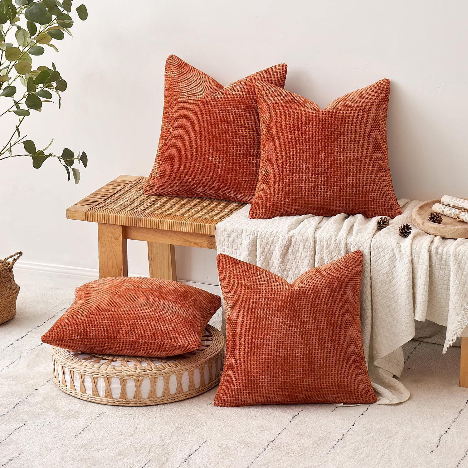 Fall Pack of 4 Couch Throw Pillow Covers 18X18 Inch Burnt Orange Soft Decorative Chenille Pillow Covers Farmhouse Accent Cushion Covers for Boho Home Decor Sofa Bedroom Living Room