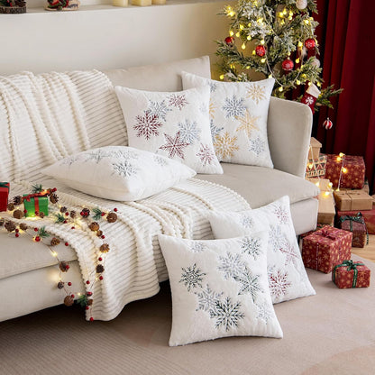 Pack of 2 Christmas Decorative Throw Pillow Covers Soft Faux Fur Pillow Cases with Embroidery Snowflake Winter Cute Pillowcases Holiday Decor for Couch Sofa Bedroom, 16×16 Inch, Green