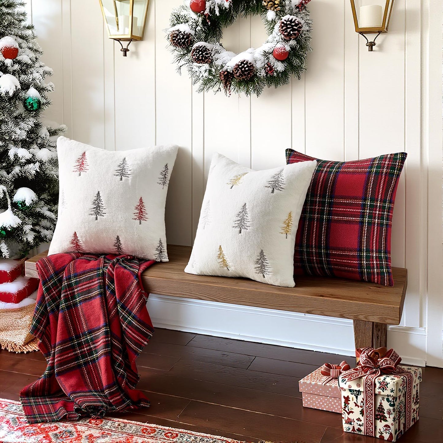 Christmas Decorative Pillow Covers Set of 2 Faux Fur Throw Pillows with Embroidered Christmas Tree 18X18 Inch White Gold Winter Couch Covers for Festival Sofa Bedroom Living Room Home Decor