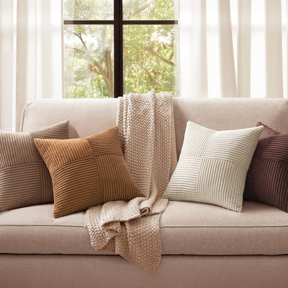 Brown Throw Pillow Covers 18X18 Inch Set of 4 Boho Farmhouse Cushion Cases Neutral Gradient Corduroy Pillow Cases with Invisible Zipper Patchwork Home Decor for Couch Sofa Bed