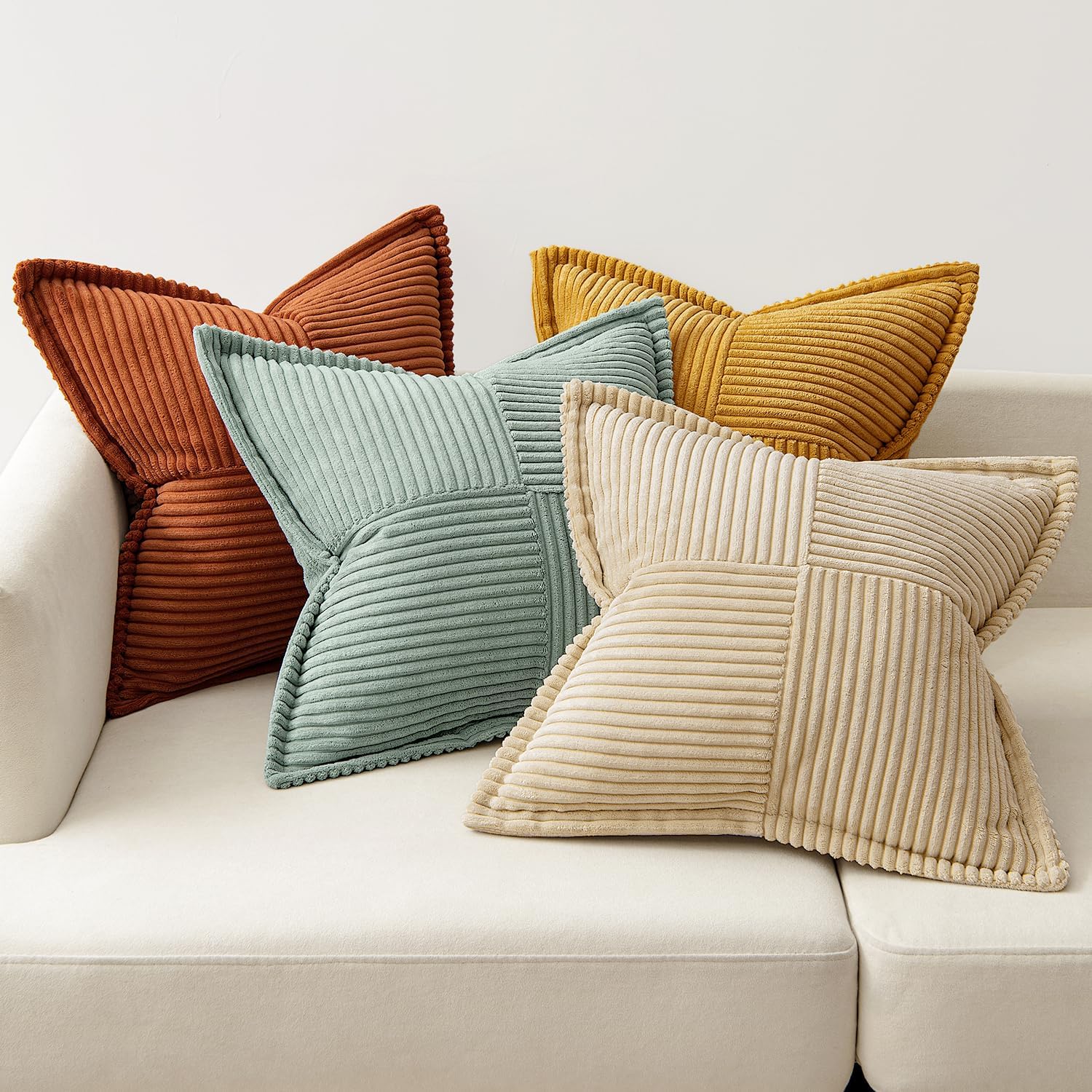 Fall Teal-Orange Decorative Throw Pillow Covers 18X18 Inch 4 Packs Soft Boho Farmhouse Pillow Cases Modern Corduroy Patchwork Cushion Covers for Couch Sofa Bed with Flange Edge Home Decor