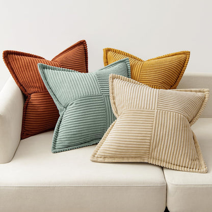 Fall Teal-Orange Decorative Throw Pillow Covers 18X18 Inch 4 Packs Soft Boho Farmhouse Pillow Cases Modern Corduroy Patchwork Cushion Covers for Couch Sofa Bed with Flange Edge Home Decor
