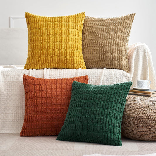 Pack of 4 Boho Farmhouse Yellow and Orange Corduroy Decorative Throw Pillow Covers 18X18 Inch Modern Retro Soft Striped Pillow Covers Home Decor for Sofa Living Room Couch Bed
