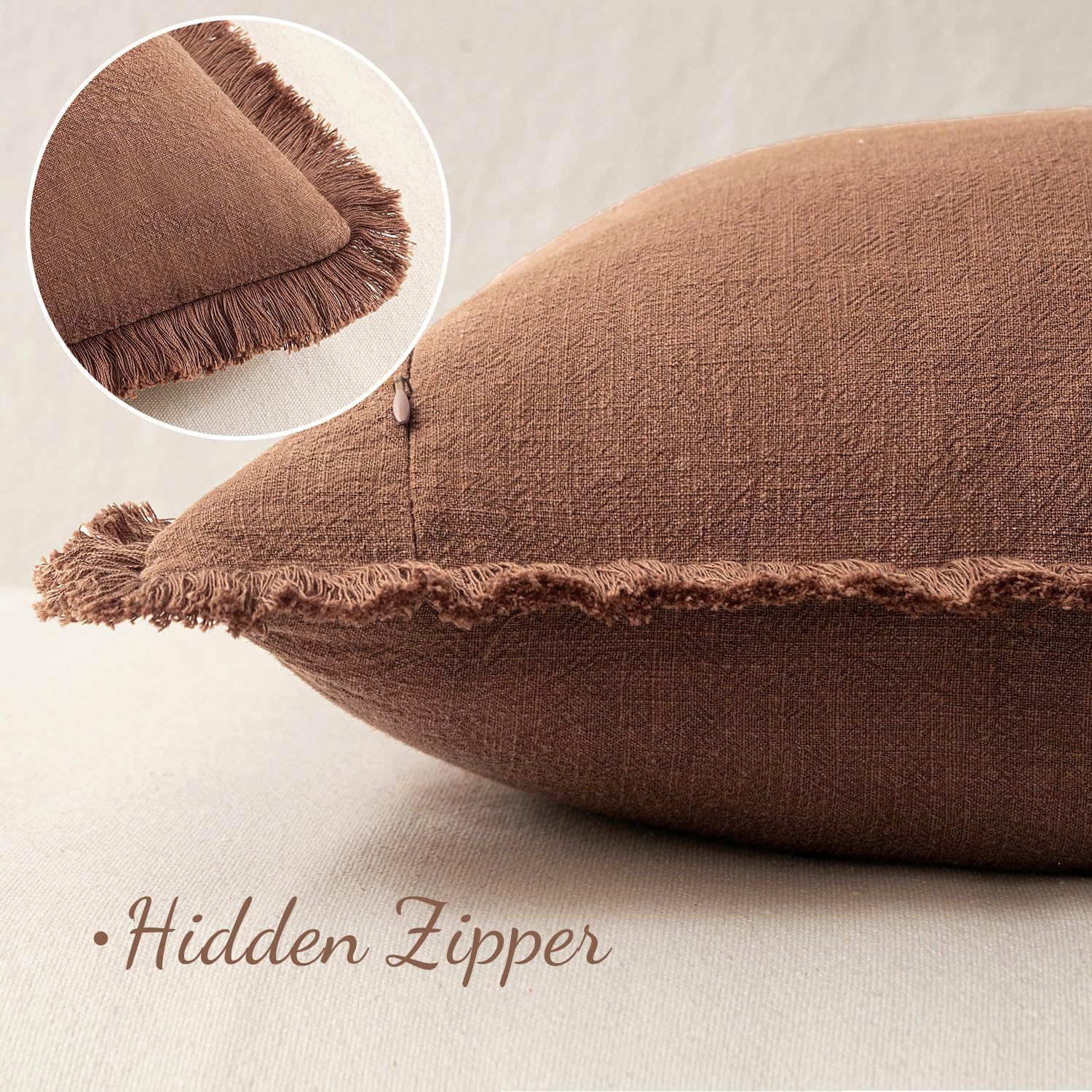 Decorative Throw Pillow Covers Neutral Linen Fringe Throw Pillows Set of 2 Brick Boho Farmhouse Cushion Covers with Tassels for Couch Sofa Bed Living Room Spring Home Decor 18X18 Inch