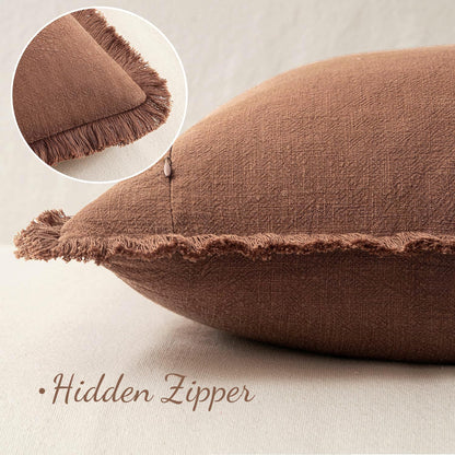 Decorative Throw Pillow Covers Neutral Linen Fringe Throw Pillows Set of 2 Brick Boho Farmhouse Cushion Covers with Tassels for Couch Sofa Bed Living Room Spring Home Decor 18X18 Inch