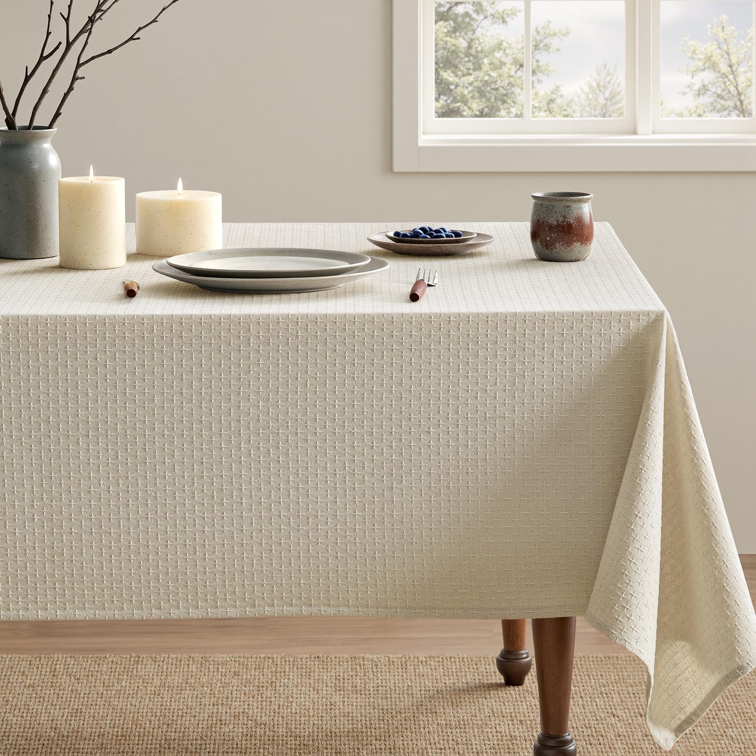 Natural Linen Cottton Table Cloth Rectangle Tablecloth Waterproof Spillproof Cross-Star Textured Table Cltoth Decorative Farmhouse Style for Dining Party Weddings 52X70 Inch