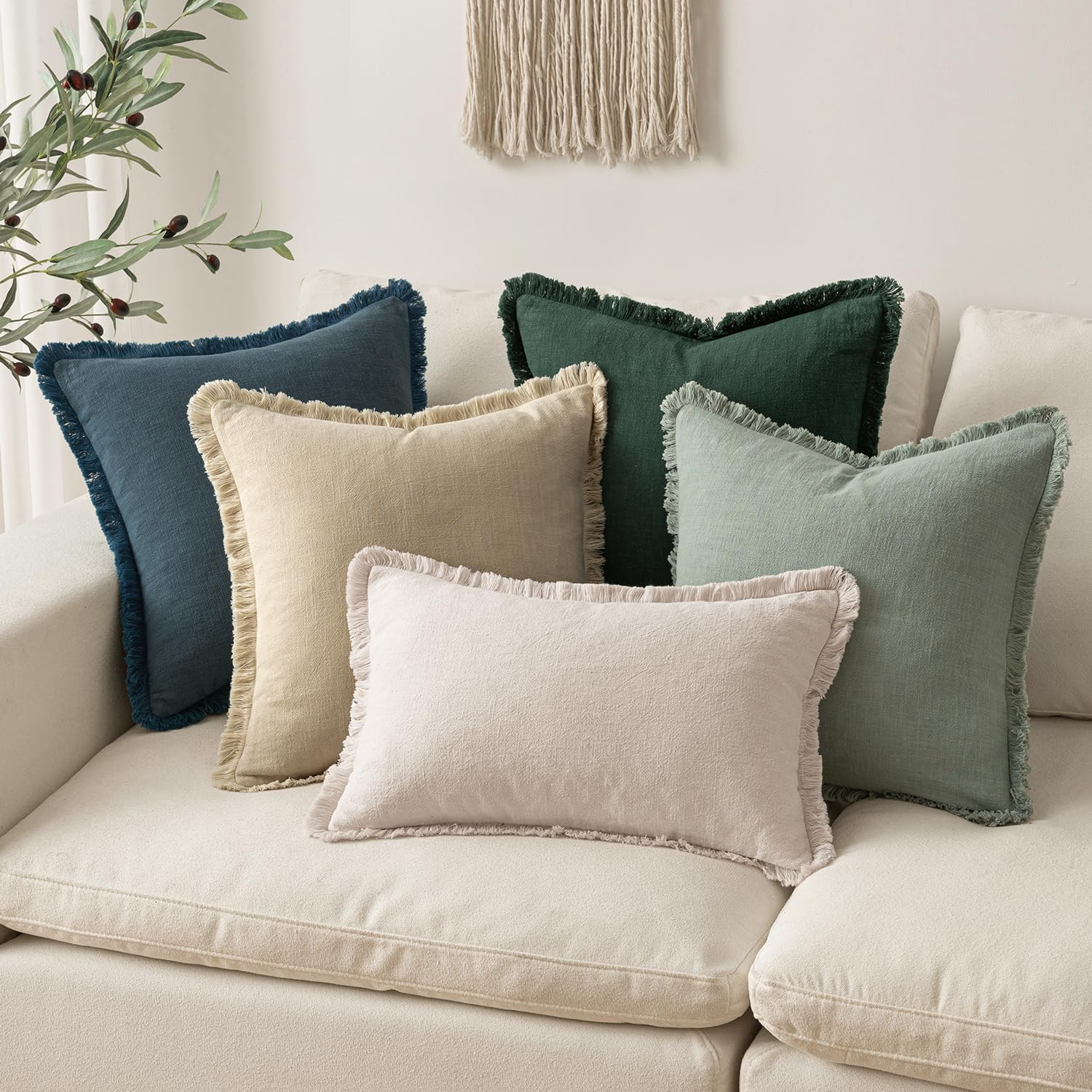 Decorative Throw Pillow Covers Neutral Linen Fringe Throw Pillows Set of 2 Beige Boho Farmhouse Cushion Covers with Tassels for Couch Sofa Bed Living Room Spring Home Decor 18X18 Inch