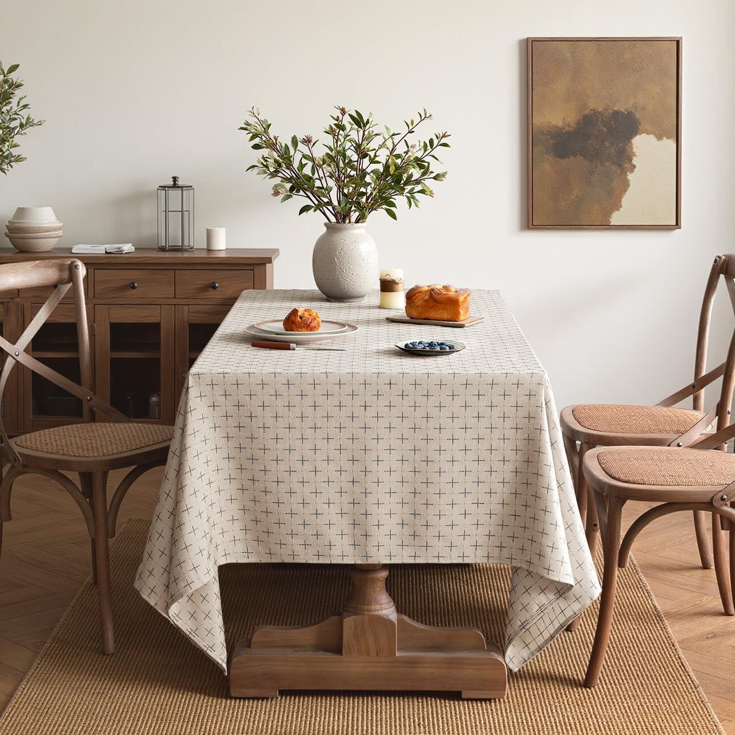 Natural Beige Linen Table Cloth Rectangle Tablecloth Waterproof Spillproof Cross-Star Textured Table Cloth, Decorative Rustic Farmhouse Style for Dining/Party/Buffet/Wedding,52X70 Inch