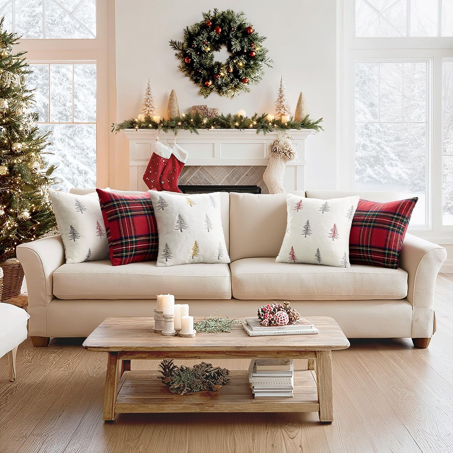 Christmas Decorative Pillow Covers Set of 2 Faux Fur Throw Pillows with Embroidered Christmas Tree 18X18 Inch White Gold Winter Couch Covers for Festival Sofa Bedroom Living Room Home Decor