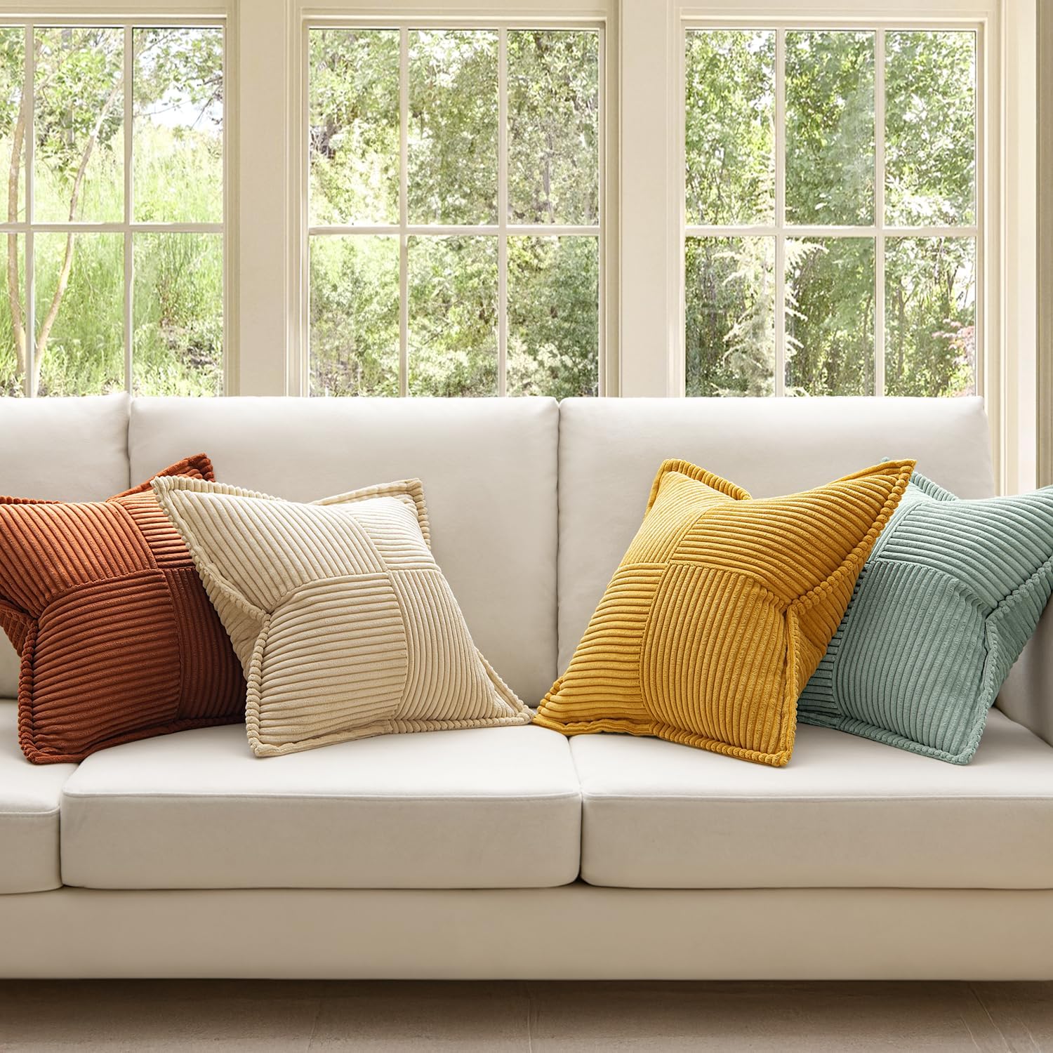 Fall Teal-Orange Decorative Throw Pillow Covers 18X18 Inch 4 Packs Soft Boho Farmhouse Pillow Cases Modern Corduroy Patchwork Cushion Covers for Couch Sofa Bed with Flange Edge Home Decor