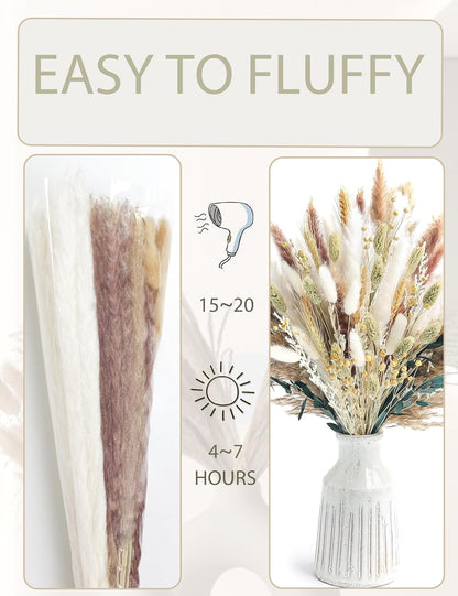 126Pcs Dried Pampas Grass Decorations, (Vase Not Included), Dried Flowers Bouquet, Reed Grass Bouquet for Boho Floral Wedding, Bedroom, Rustic Farmhouse Decor.