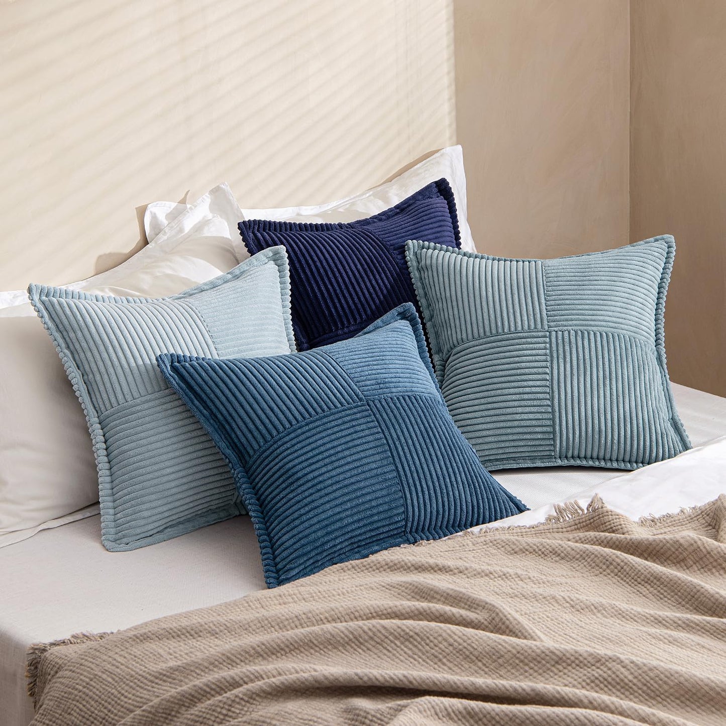 Dusty Blue Navy Throw Pillow Covers 18X18 Inch 4 Packs Soft Boho Decorative Gradient Series Pillow Cases Farmhouse Euro Cushion Covers for Couch Sofa Bed Corduroy Striped Home Decor