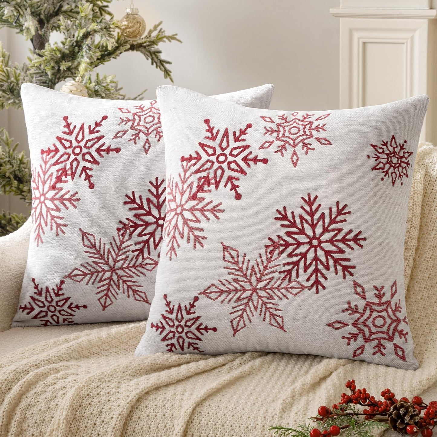Christmas 2 Pack White and Red Chenille Throw Pillow Covers Soft Pillow Cases with Snowflake Embroidery Morden for Holiday Decoration Sofa Couch Bedroom Home Decor,18X18 Inch