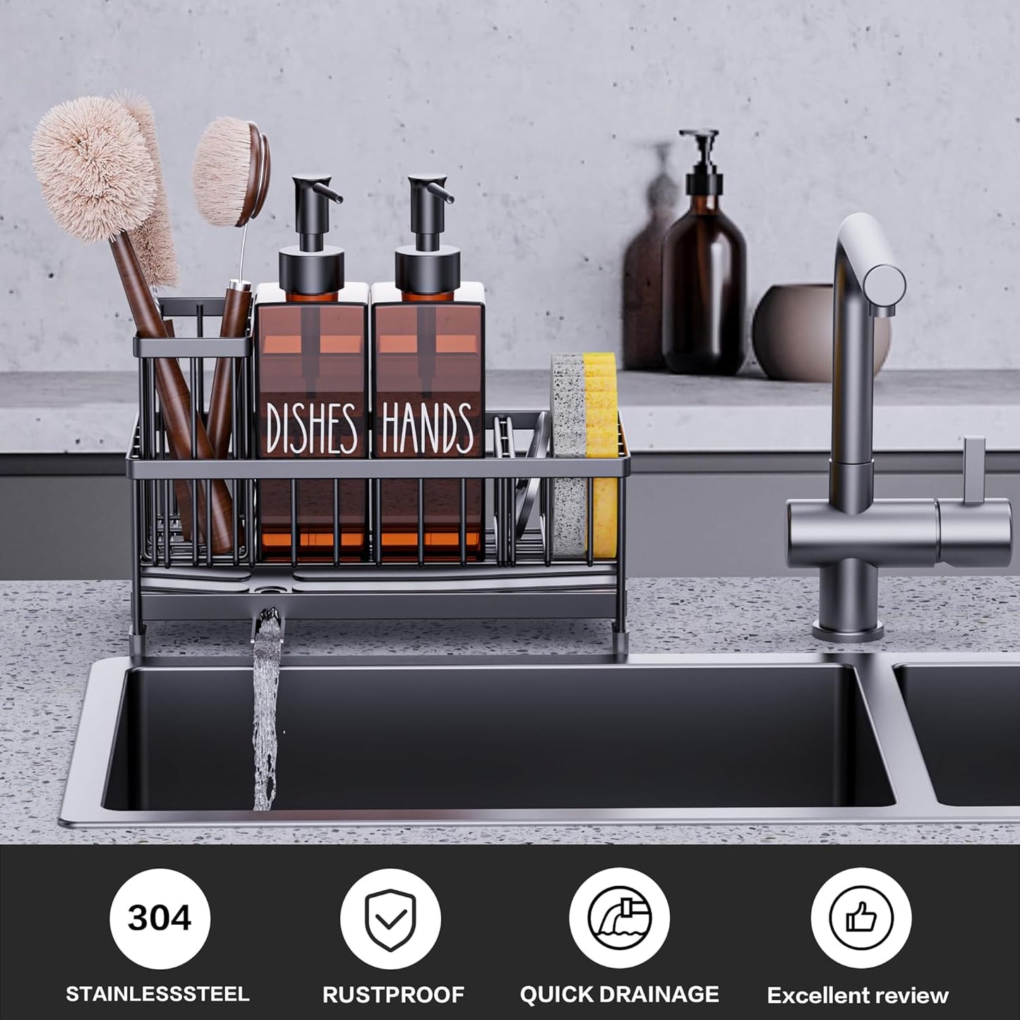 Dish Soap Dispenser, 12 Fl Oz Dual Kitchen Soap Dispensers with Sponge Holder, Plastic Pump Amber Glass Bottle Kitchen Soap Dispenser Set, Modern Hand and Dish Soap Bottle Set Removable