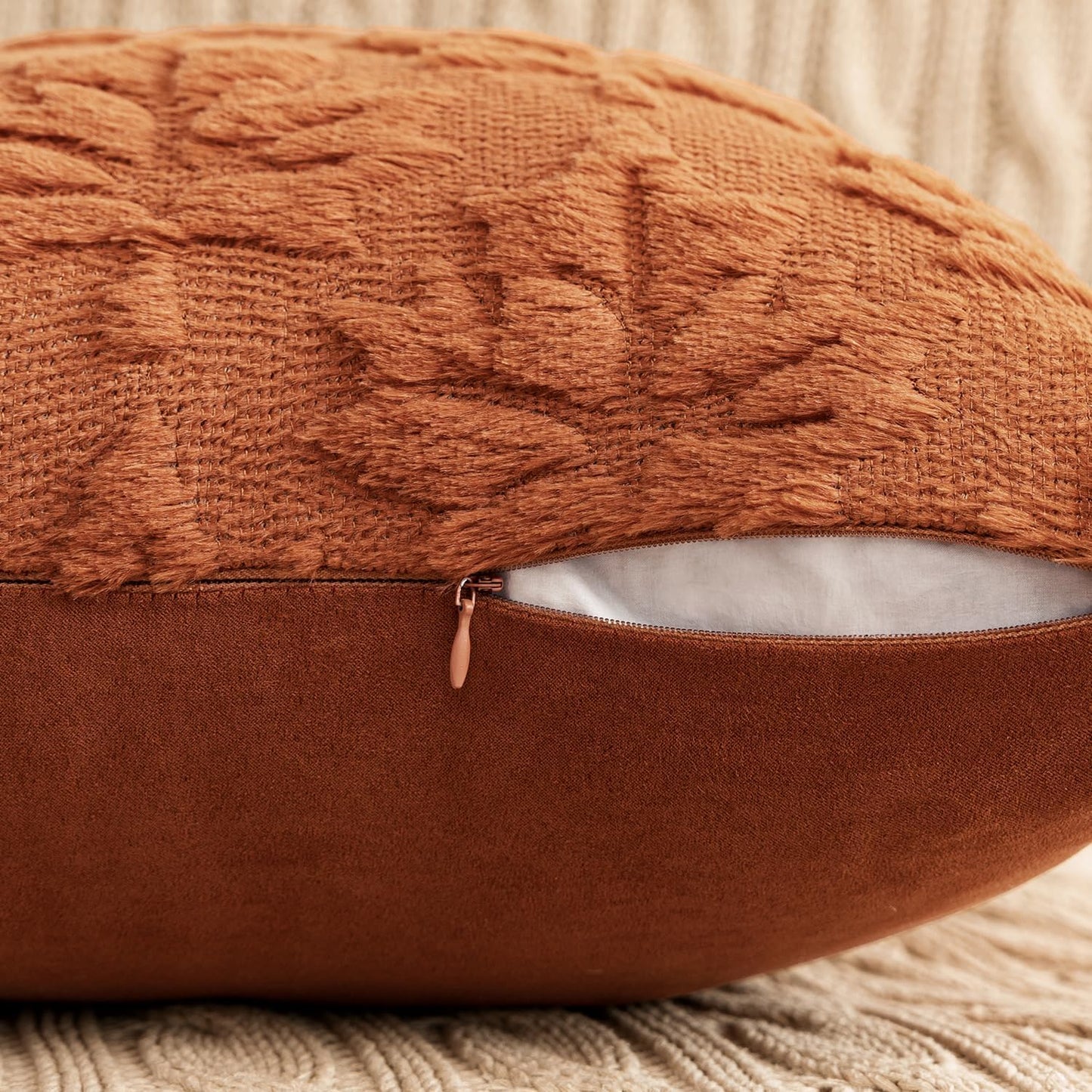 Fall Throw Pillow Covers 18X18 Rust Set of 2 Thanksgiving Autumn Decorative Hollow Maple Leaf Pattern Accent Pillow Covers Soft Plush Faux Wool for Outdoor Porch Home Decor Holiday Bedroom