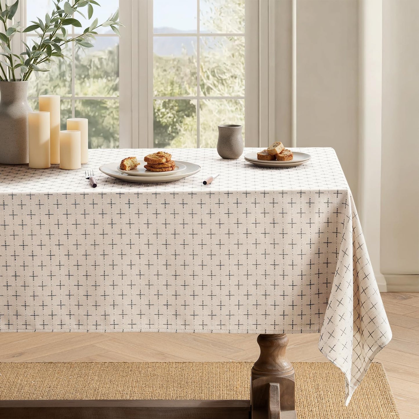 Natural Beige Linen Table Cloth Rectangle Tablecloth Waterproof Spillproof Cross-Star Textured Table Cloth, Decorative Rustic Farmhouse Style for Dining/Party/Buffet/Wedding,52X70 Inch