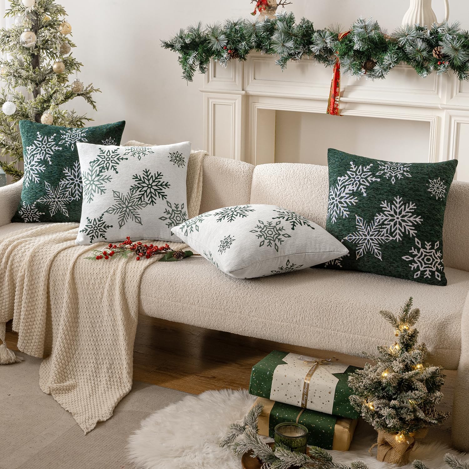 Christmas 2 Pack Dark Green Chenille Throw Pillow Covers Soft Pillow Cases with Snowflake Embroidery Morden for Holiday Decoration Sofa Couch Bedroom Home Decor,18X18 Inch