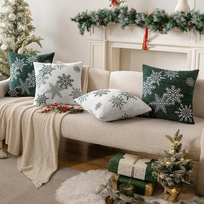 Christmas 2 Pack Dark Green Chenille Throw Pillow Covers Soft Pillow Cases with Snowflake Embroidery Morden for Holiday Decoration Sofa Couch Bedroom Home Decor,18X18 Inch