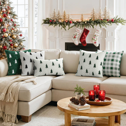 Christmas Decorative Chenille Throw Pillow Covers, 18X18 Inch, White Dark Green Tree, Set of 2 Cute Trees with Plaid Patterns Pillows for Sofa Couch Bedroom Chair Xmas Home Decor