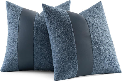 Boucle Throw Pillow Covers 18X18 Inch Set of 2 Denim Blue Faux Leather Textured Decorative Pillow Cases Boho Farmhouse Accents Cushion Covers for Couch Bed Livingroom Home Decor