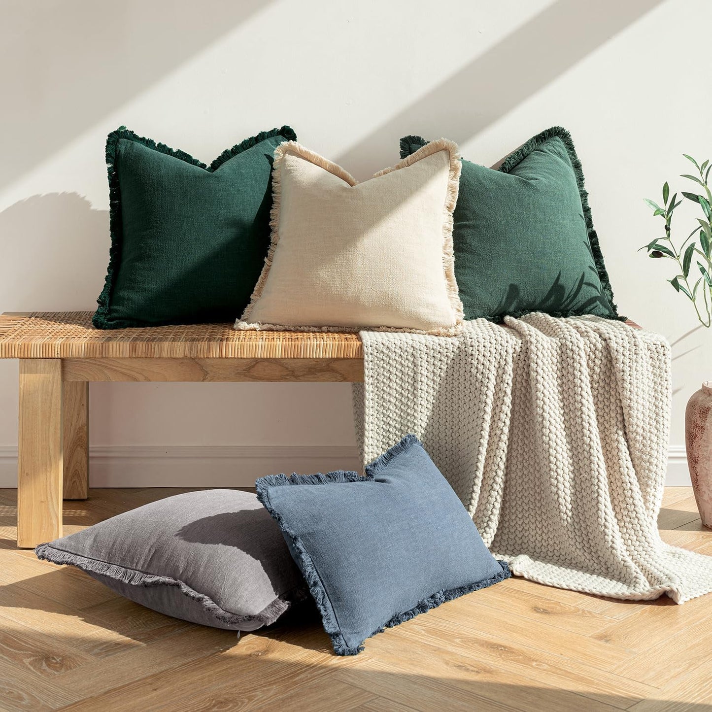 Decorative Throw Pillow Covers Neutral Linen Fringe Throw Pillows Set of 2 Navy Blue Boho Farmhouse Cushion Covers with Tassels for Couch Sofa Bed Living Room Spring Home Decor 18X18 Inch