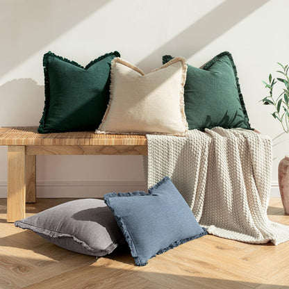 Decorative Throw Pillow Covers Neutral Linen Fringe Throw Pillows Set of 2 Navy Blue Boho Farmhouse Cushion Covers with Tassels for Couch Sofa Bed Living Room Spring Home Decor 18X18 Inch