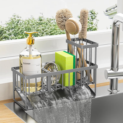 Sink Caddy Organzier with High Brush Holder, Sponge Holder for Sink, 304 Rustproof Stainless, Kitchen Countertop Soap Dispenser Organizer, Gray Kitchen Decor and Accessories