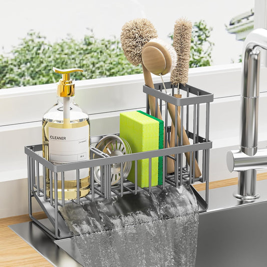 Sink Caddy Organzier with High Brush Holder, Sponge Holder for Sink, 304 Rustproof Stainless, Kitchen Countertop Soap Dispenser Organizer, Gray Kitchen Decor and Accessories