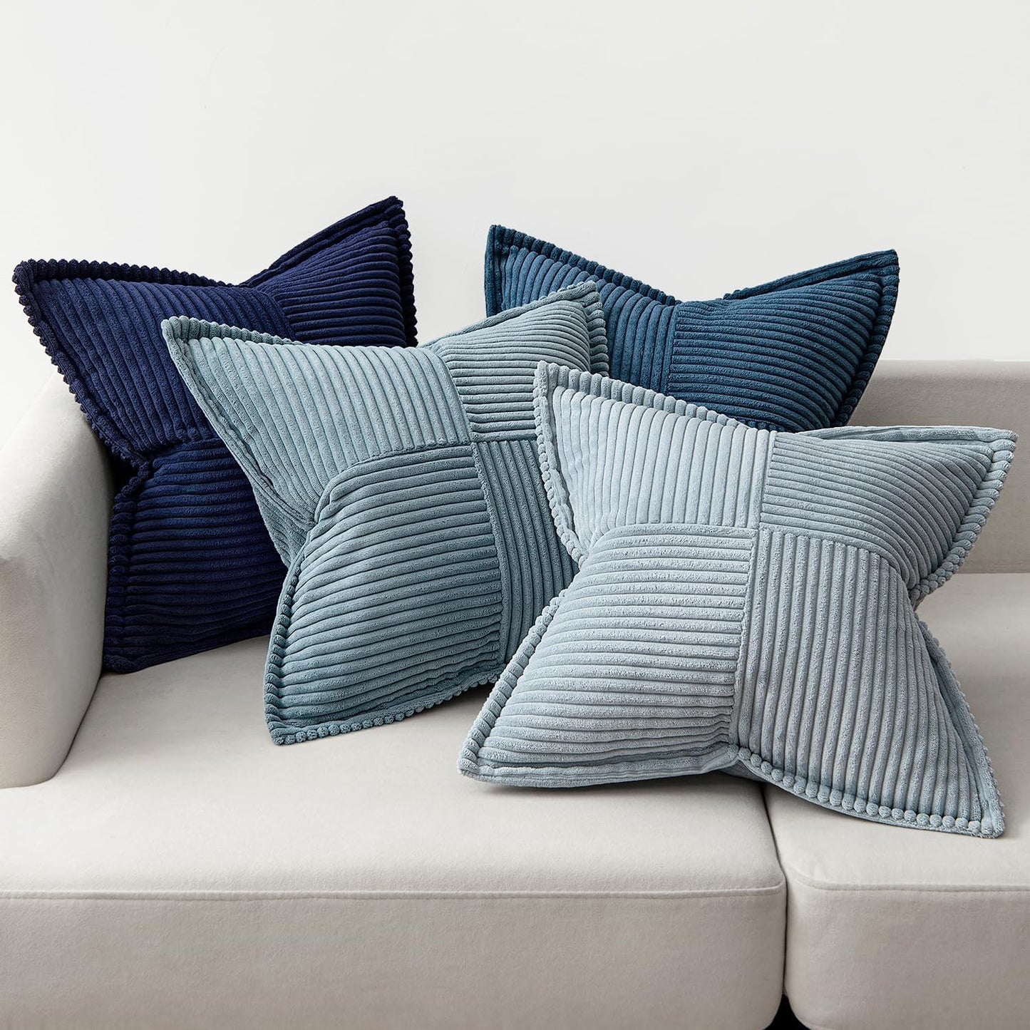 Dusty Blue Navy Throw Pillow Covers 18X18 Inch 4 Packs Soft Boho Decorative Gradient Series Pillow Cases Farmhouse Euro Cushion Covers for Couch Sofa Bed Corduroy Striped Home Decor