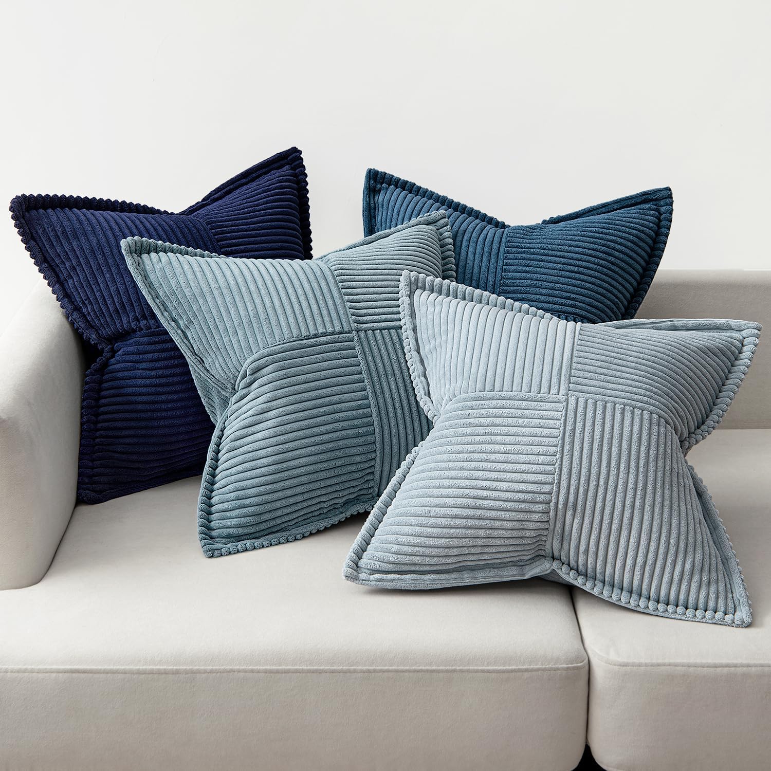 Dusty Blue Navy Throw Pillow Covers 18X18 Inch 4 Packs Soft Boho Decorative Gradient Series Pillow Cases Farmhouse Euro Cushion Covers for Couch Sofa Bed Corduroy Striped Home Decor