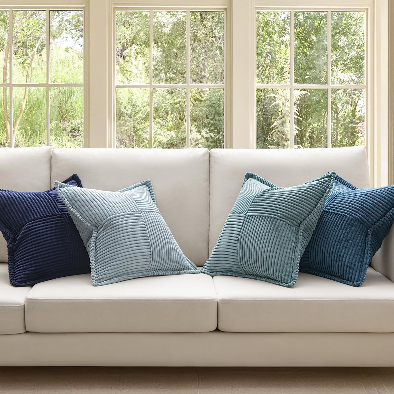 Dusty Blue Navy Throw Pillow Covers 18X18 Inch 4 Packs Soft Boho Decorative Gradient Series Pillow Cases Farmhouse Euro Cushion Covers for Couch Sofa Bed Corduroy Striped Home Decor