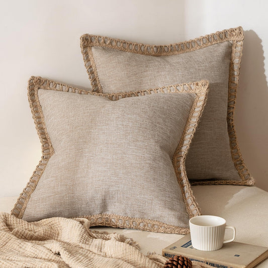 Pack of 2 Decorative Throw Pillow Covers Modern Farmhouse Outdoor Pillow Covers Neutral Linen Burlap Pillowcases Cushions for Couch Bed Living Room Sofa, Champagne 18 X 18 Inches 45 X 45 Cm