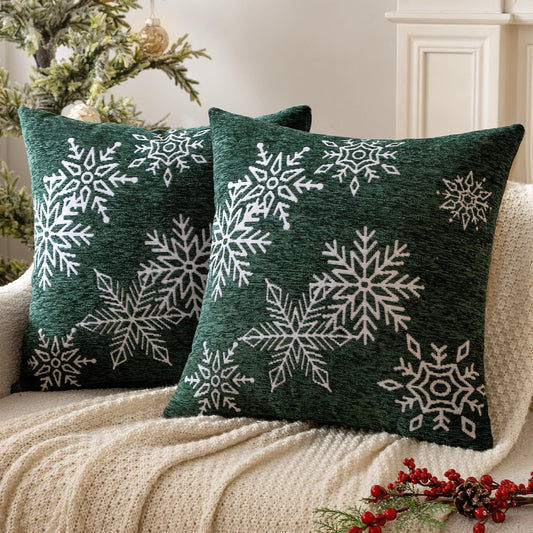 Christmas 2 Pack Dark Green Chenille Throw Pillow Covers Soft Pillow Cases with Snowflake Embroidery Morden for Holiday Decoration Sofa Couch Bedroom Home Decor,18X18 Inch