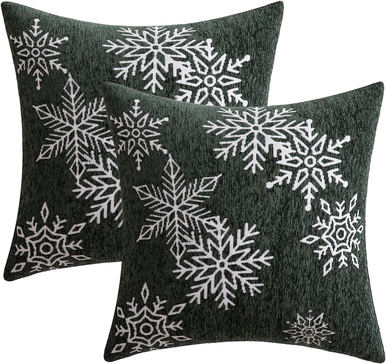 Christmas 2 Pack Dark Green Chenille Throw Pillow Covers Soft Pillow Cases with Snowflake Embroidery Morden for Holiday Decoration Sofa Couch Bedroom Home Decor,18X18 Inch