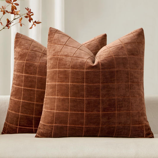 Fall Decorative Chenille Check Throw Pillow Covers Vintage Plaid Couch Pillows 18X18 Inch Set of 2 Neutral Boho Farmhouse Cushion Covers Modern Home Decor for Sofa Bed Living Room Burnt Orange