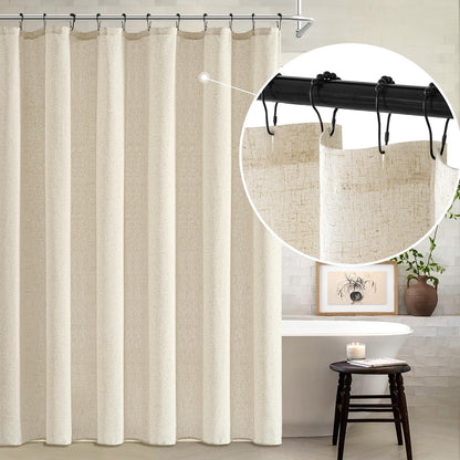 Linen Shower Curtain with 12 Metal Hooks Washable Country Boho Farmhouse Heavy Buttonhole Fabric Shower Curtain Set Thick Cloth Neutral Waterproof Curtains for Bathroom W72*L72, Natural